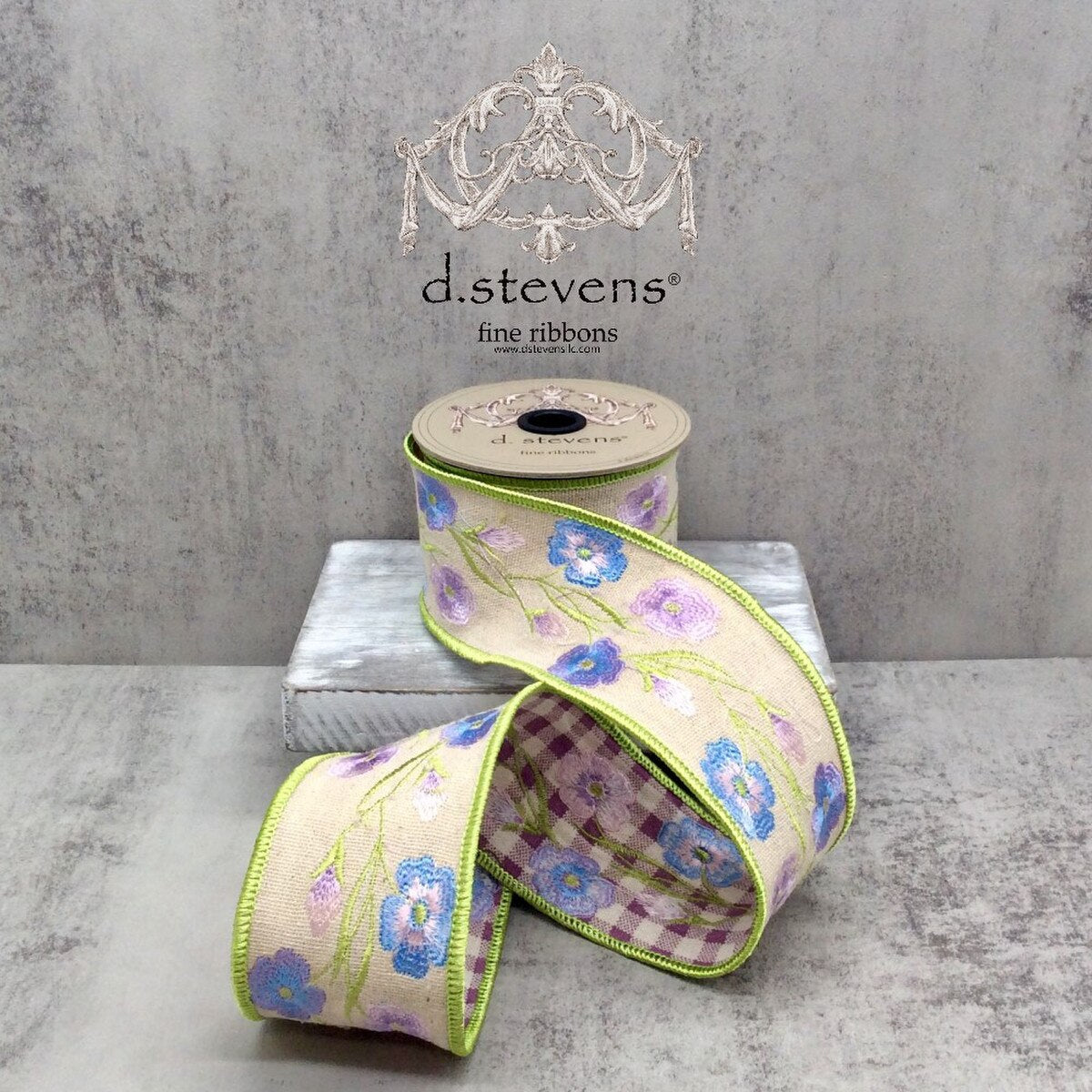 Linen Embroidery Spring Flowers Check Ribbon Lavender Lime