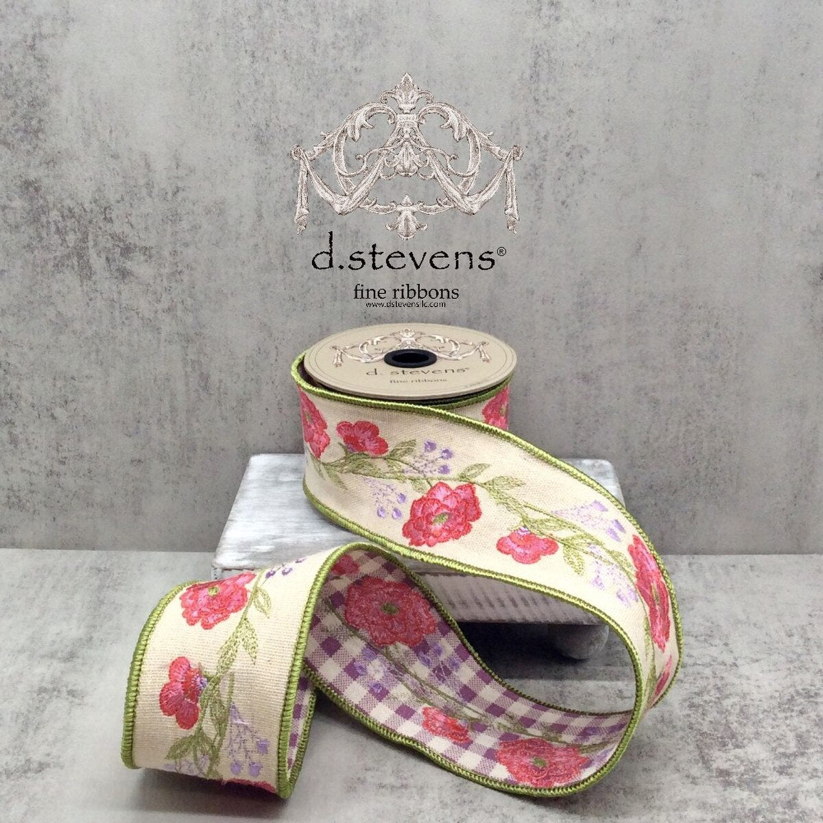 Linen Embroidery Spring Flowers Check Back Lavender Green Pink Ribbon