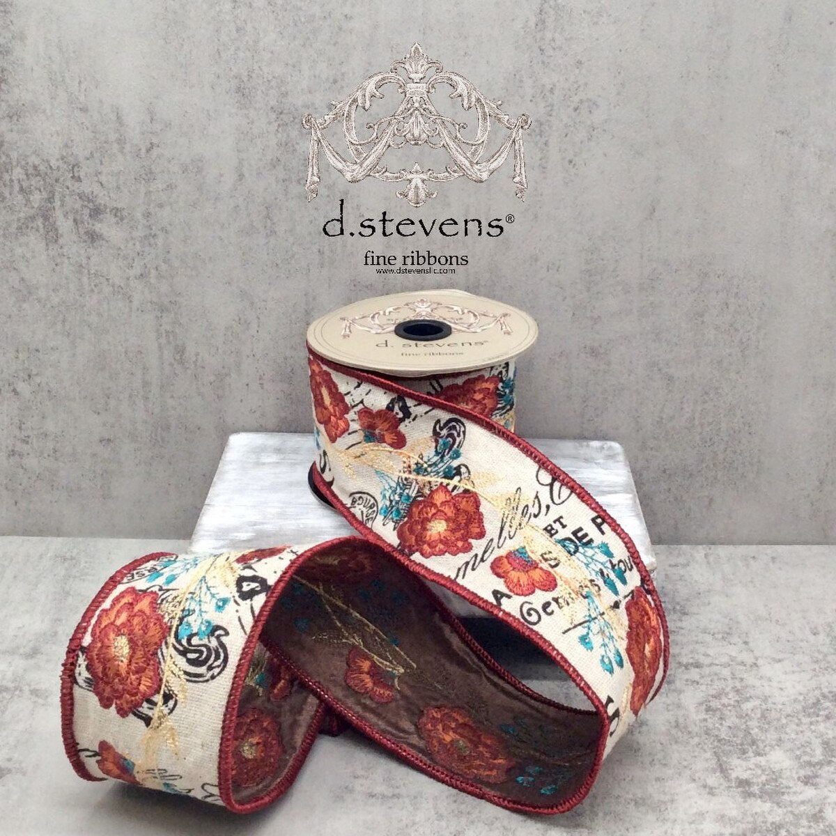 Linen Ribbon with Orange Teal Flower Embroidery 2.5" x 5 Yds