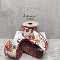 Linen Ribbon With Orange Teal Flower Embroidery 2.5