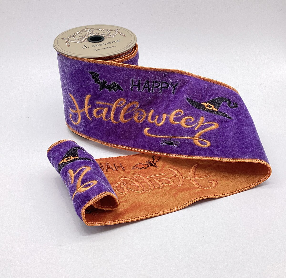 Halloween Velvet Embroidery Ribbon Orange White Black 4" x 5 Yds