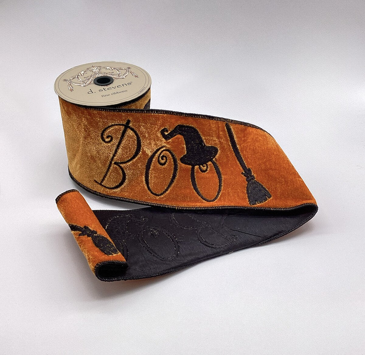 Boo Witches Hat Broom Orange Velvet Embroidery 4" x 5 Yds