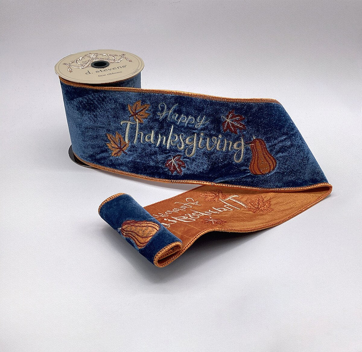 Thanksgiving Velvet Embroidery Ribbon Blue Orange 4" x 5 Yds
