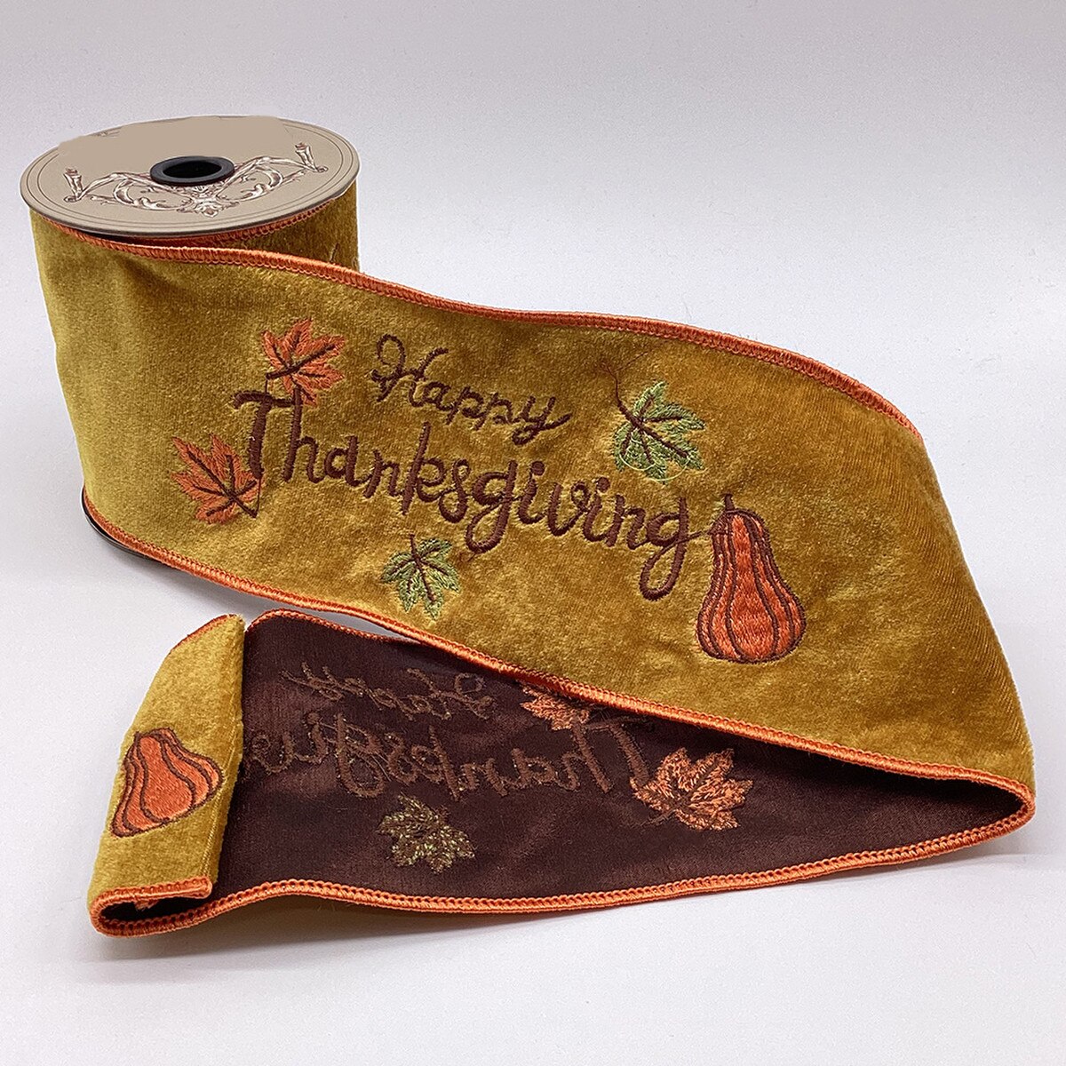 Thanksgiving Velvet Embroidery Ribbon Mustard Olive 4" x 5 Yds