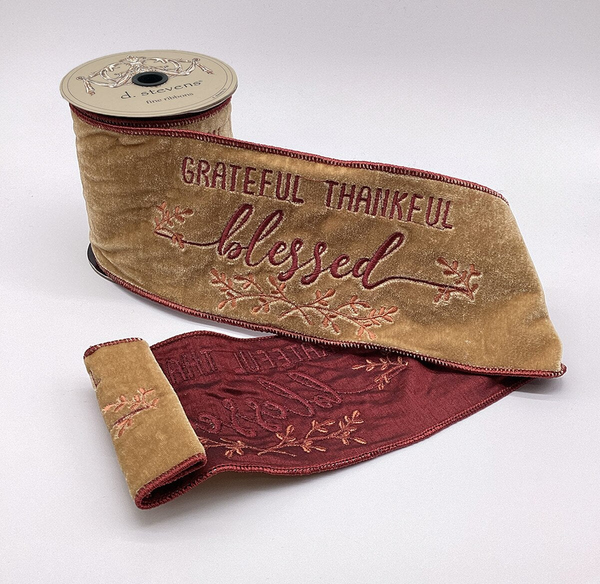 Burgundy Velvet Embroidery Ribbon 4" x 5 Yds Grateful Thankful Blessed