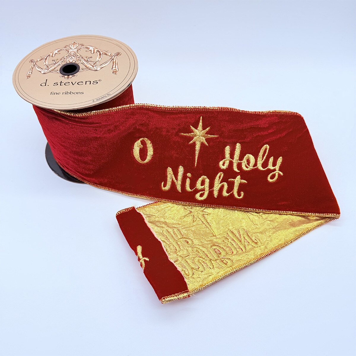 O Holy Night Velvet Gold Embroidery Red Ribbon 4" x 5 Yds