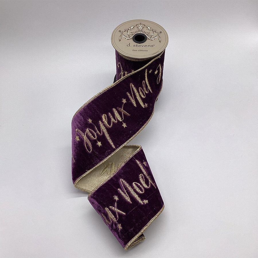 Joyeux Noel Purple Velvet Gold Embroidery Ribbon 4" x 5 Yds