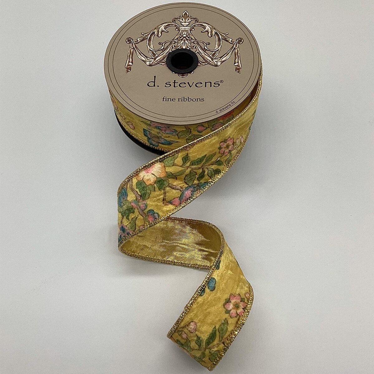 Satin Ribbon Yellow Blue Pink Floral Bird Gold Back 1.5" x 10 Yds