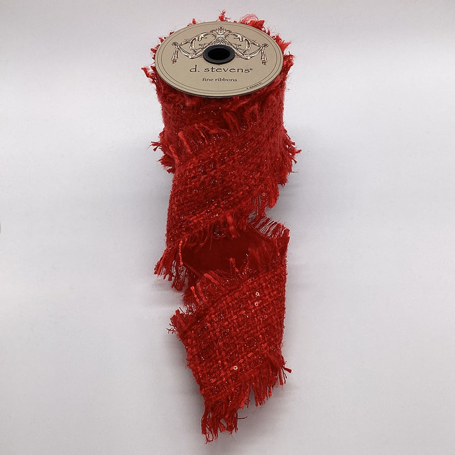 Red Ribbon Blissful Boucle Frayed Edge 4 Inch x 5 Yds