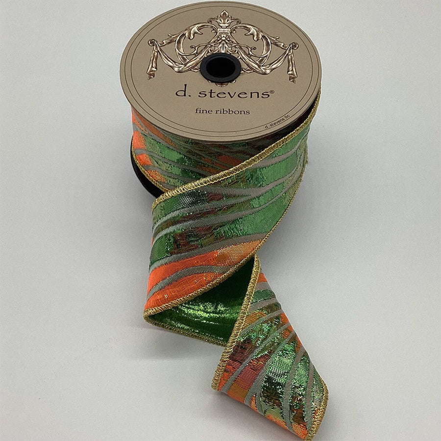 Metallic Jacquard Ribbon Orange Green 2.5 Inch x 5 Yds