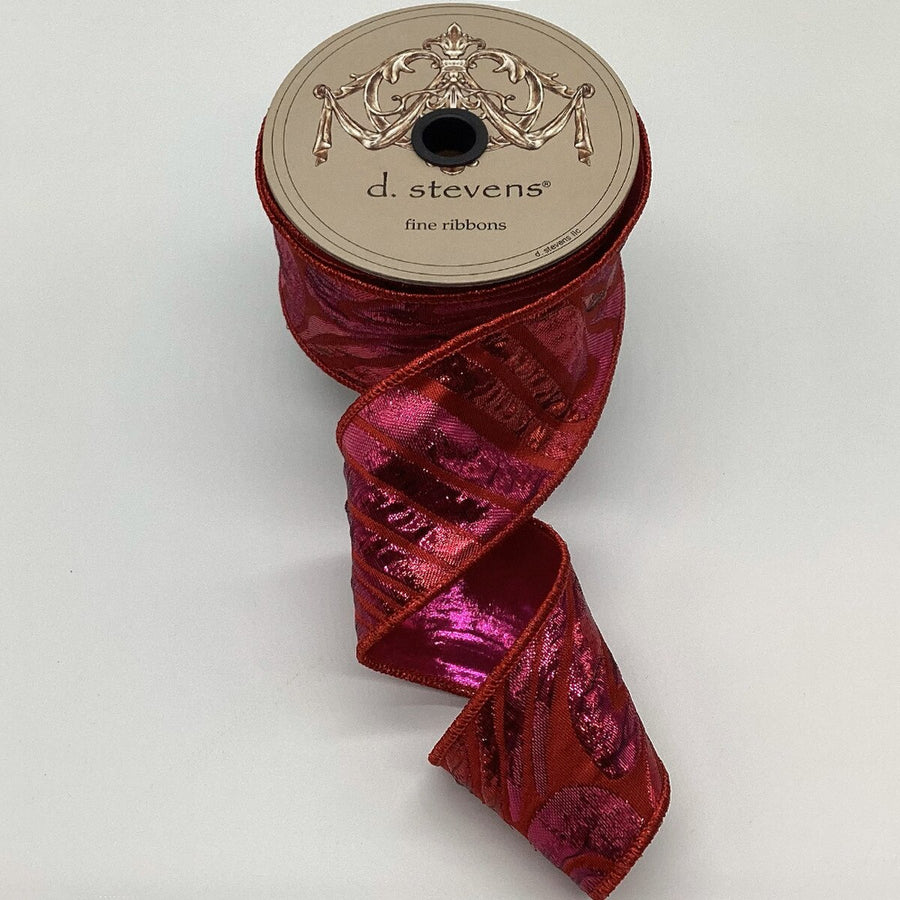 Metallic Jacquard Ribbon Pink Red 2.5 Inch x 5 Yards