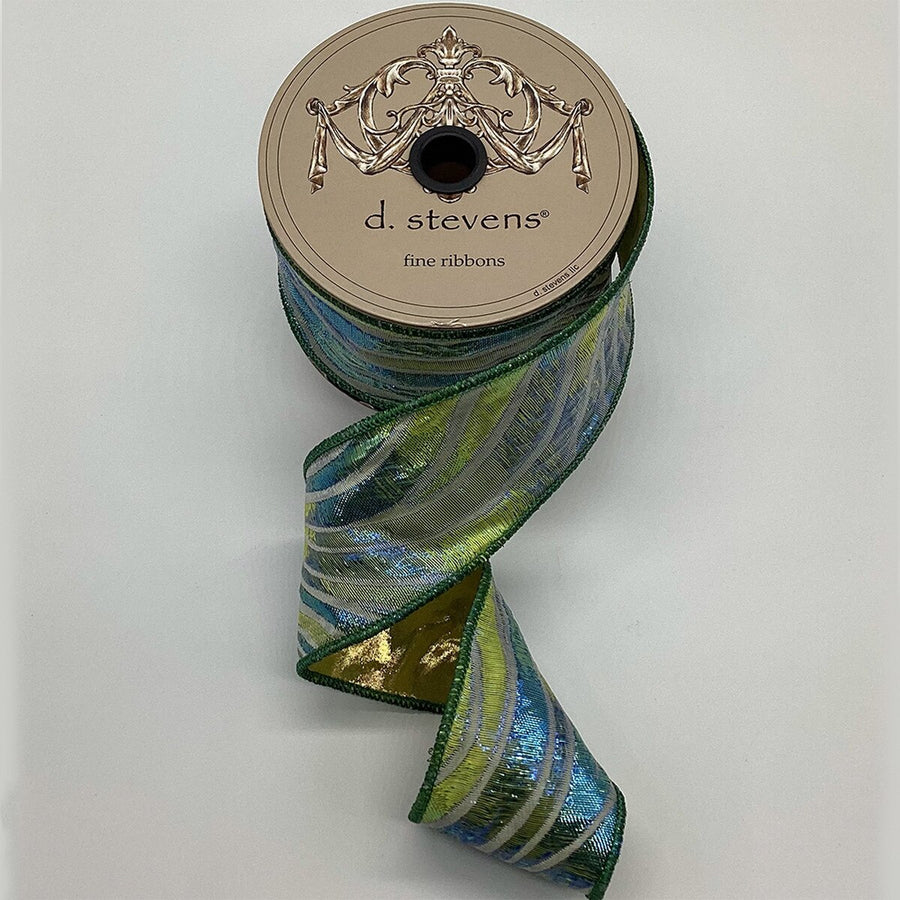 Green Blue Metallic Jacquard Wave Ribbon 2.5 In x 5 Yds