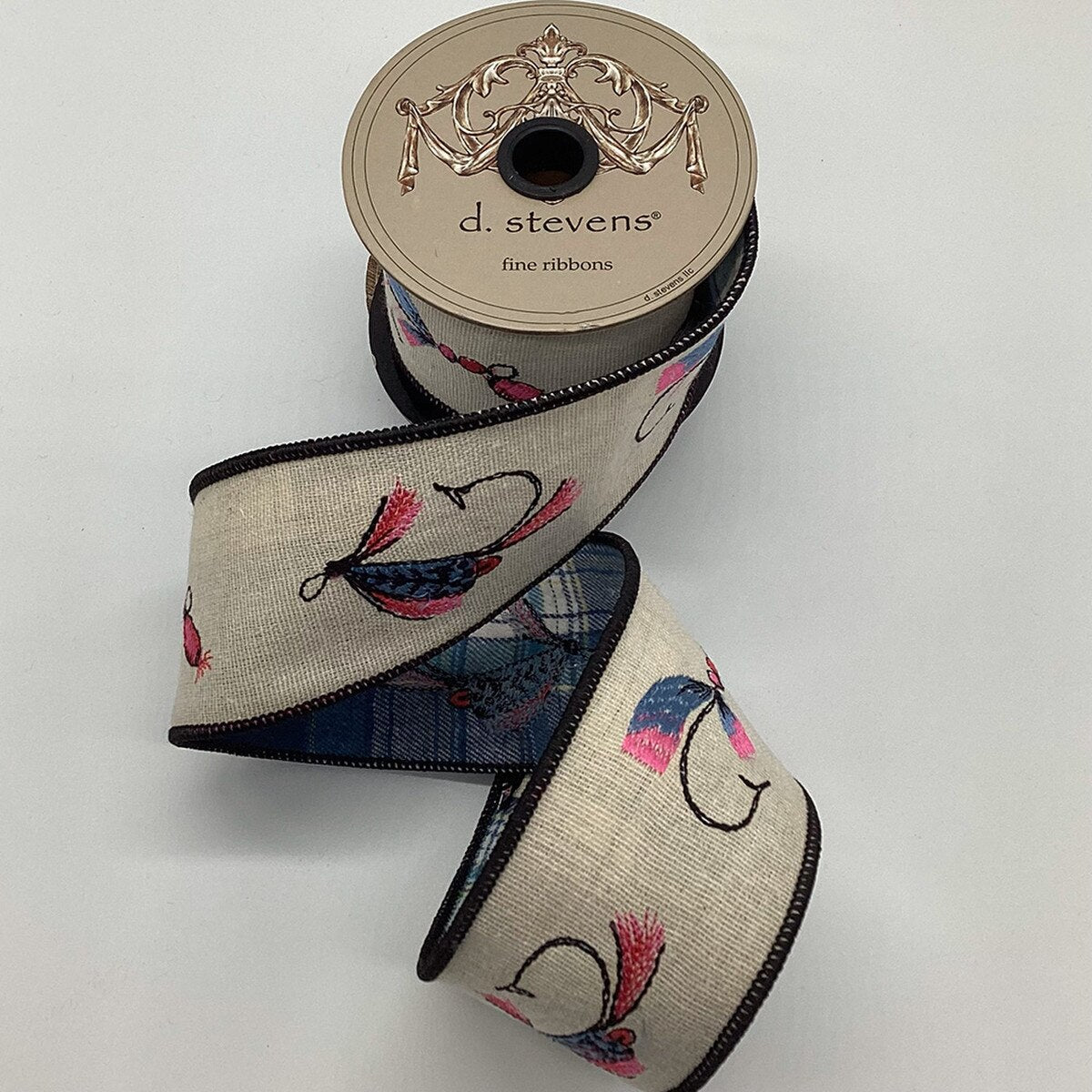 Fishing Flies Ribbon 2.5 Inch Linen Embroidery Plaid Back