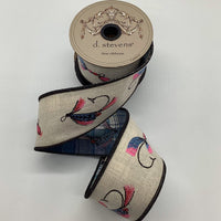 Fishing Flies Ribbon 2.5 Inch Linen Embroidery Plaid Back
