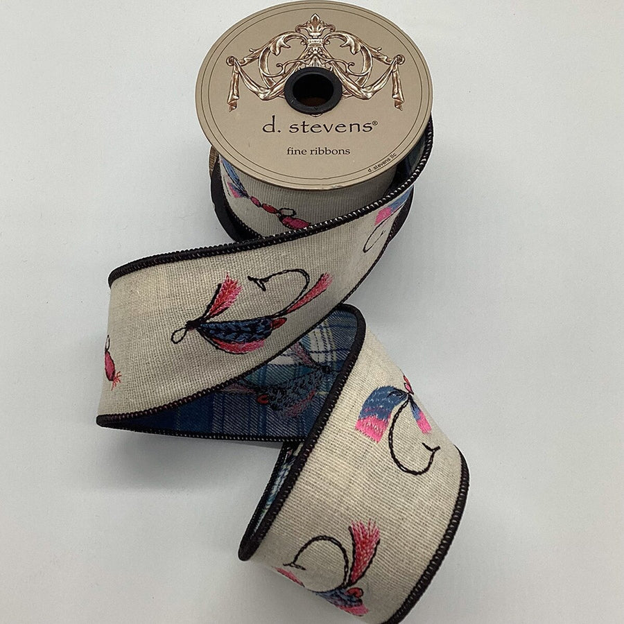 Fishing Flies Ribbon 2.5 Inch Linen Embroidery Plaid Back