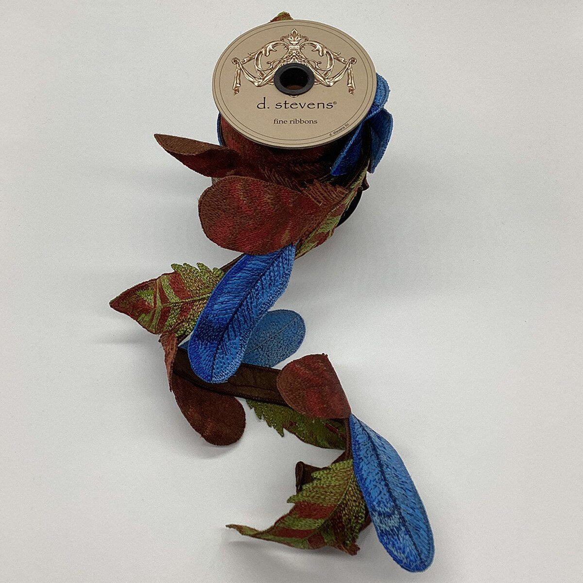 Brown Blue Ribbon Embroidery Feather Garland 4" x 3 Yds