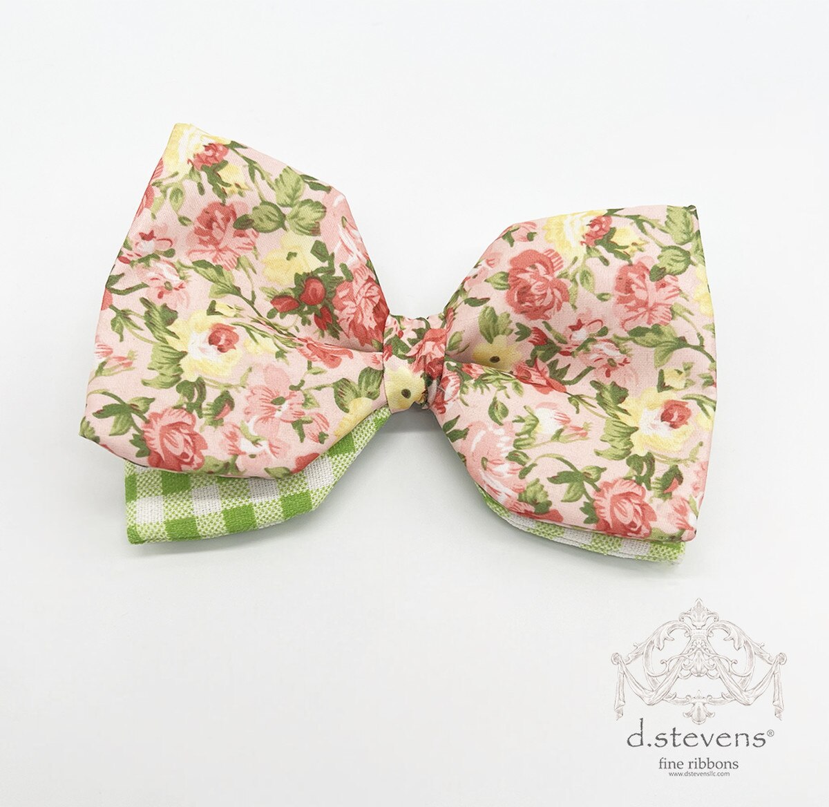 Mauve Yellow Poplin Roses Clip Bow Ribbon 6 Inch