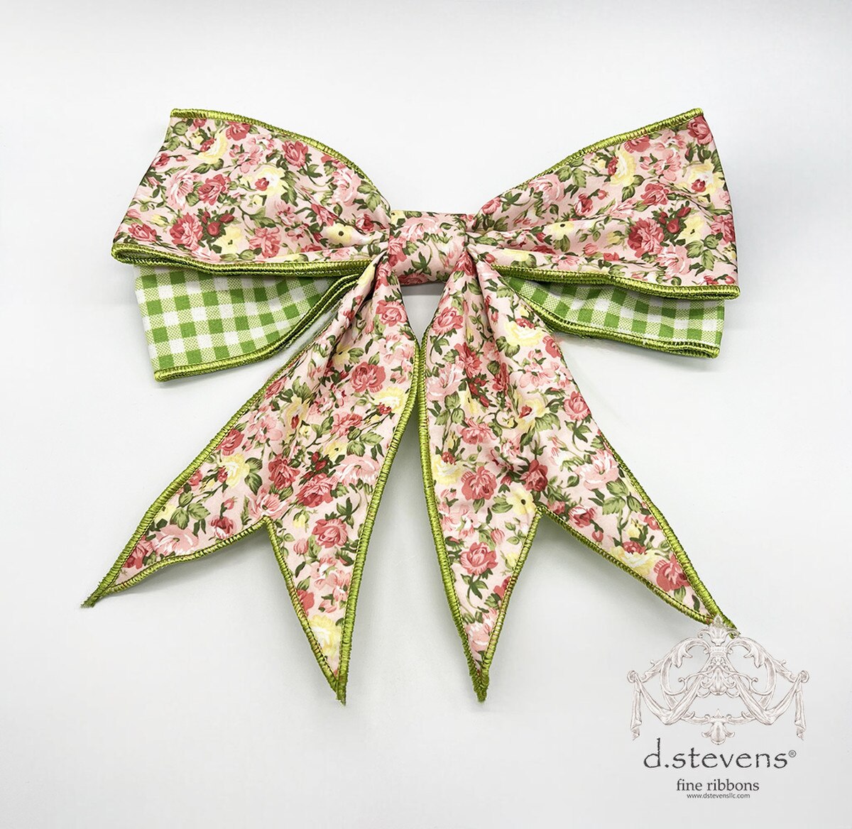 Poplin Roses Green Gingham Bow with Mauve Yellow Ribbon