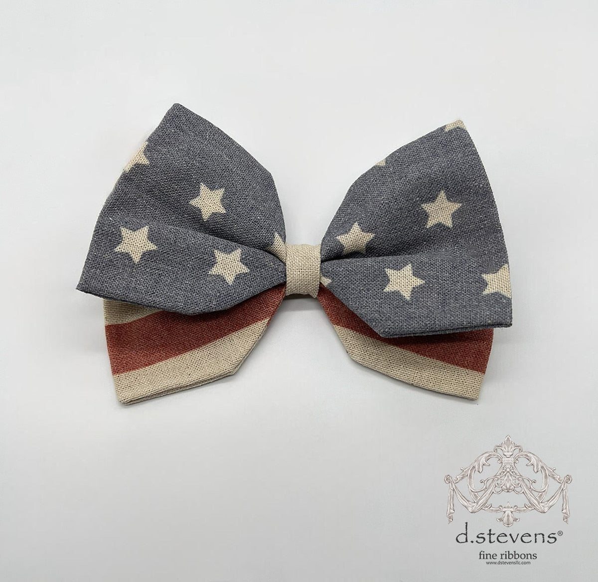 Linen Bow Clip Red Blue Americana Star Stripe 6 Inch