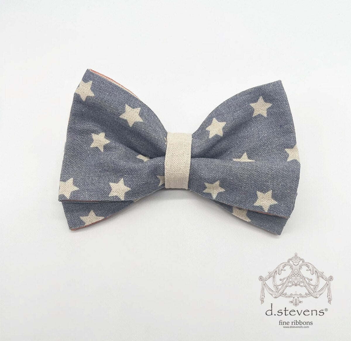Linen Star Bow Clip with Natural Blue Ribbon 6 Inch