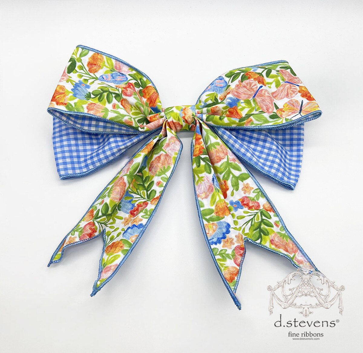 Spring Floral Bow Ribbon in Green Pink Orange Blue 12"