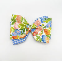 Floral Bow Clip Green Pink Orange Blue Ribbon 6 Inch