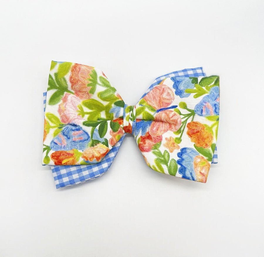 Floral Bow Clip Green Pink Orange Blue Ribbon 6 Inch