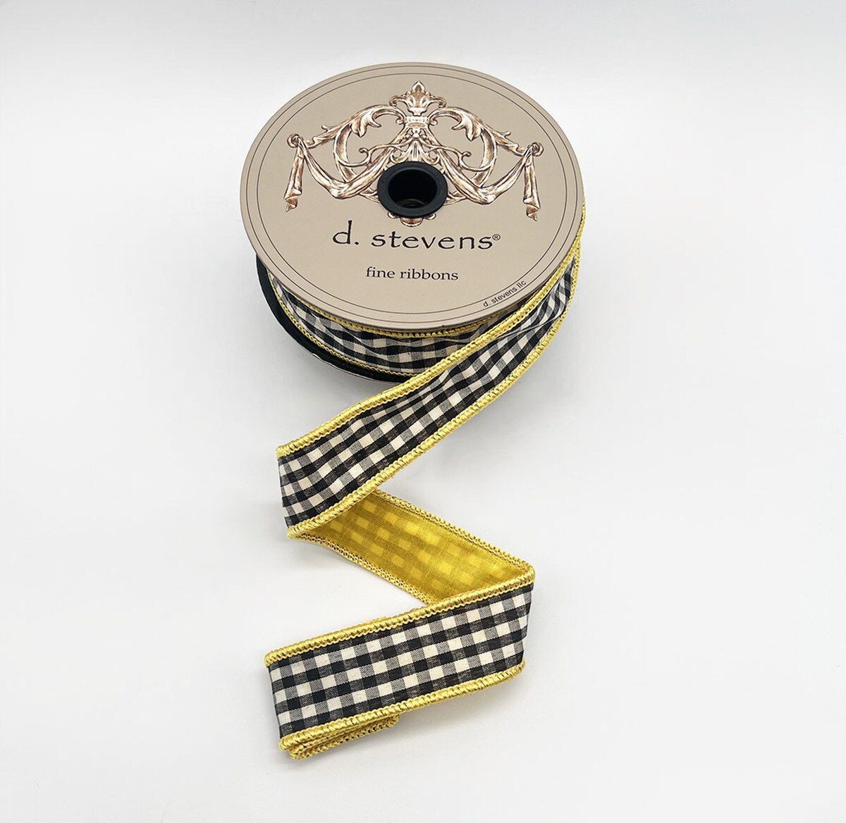 Gingham Check Ribbon Yellow Back Black White 1 Inch x 10 Yds