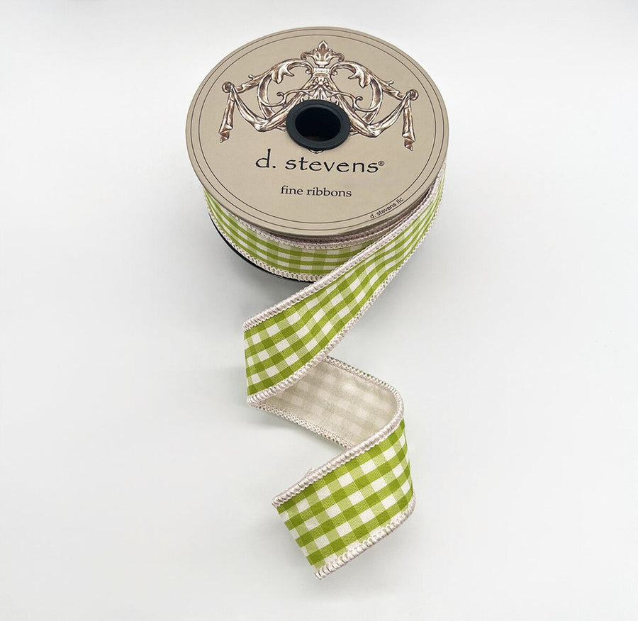Gingham Check Ribbon White Back Lime 1 Inch X 10 Yards