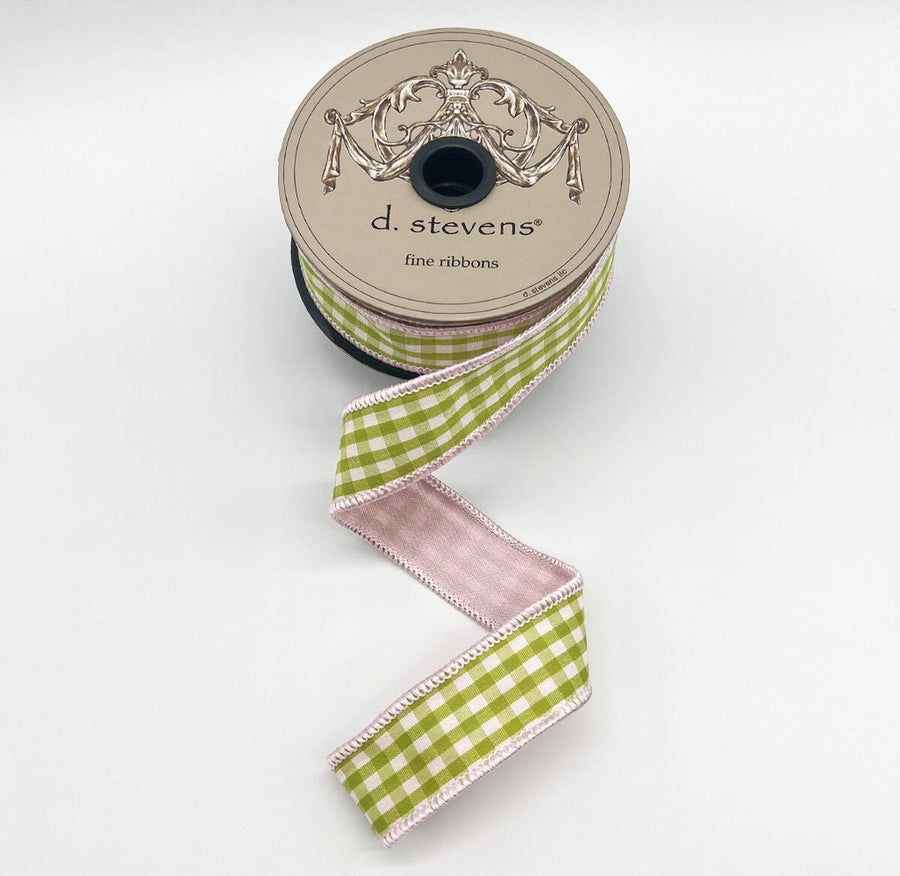 Gingham Check Ribbon Pink Back Lime 1 Inch X 10 Yards