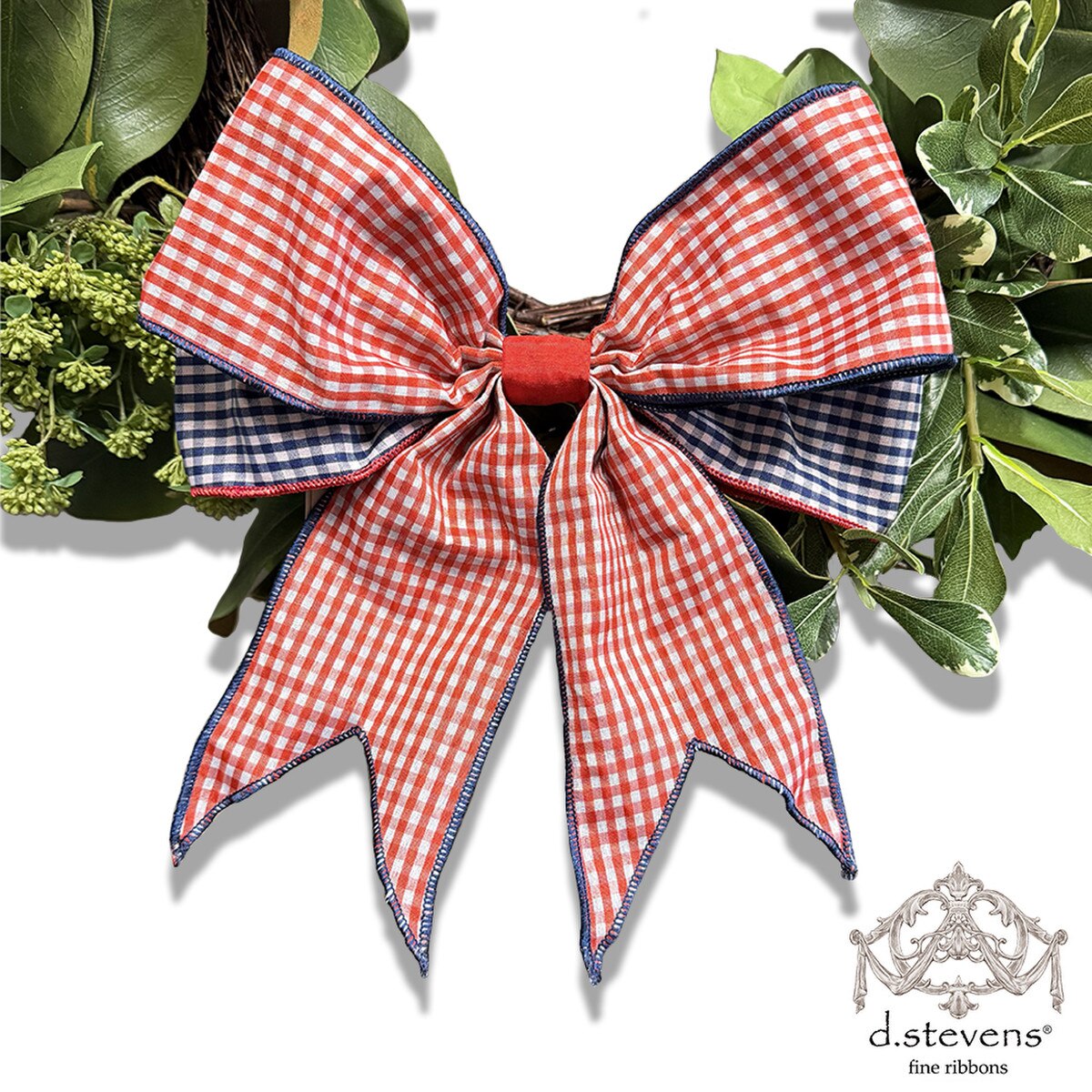 Gingham Check Bow Red White Navy 12 Inch Ribbon