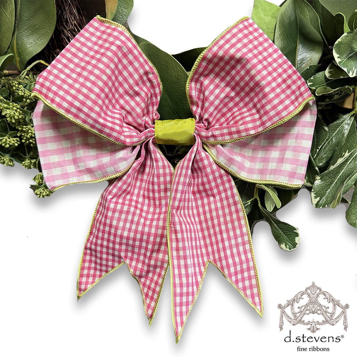 Gingham Check Bow with Lime Green Accents and Hot Pink Ribbon