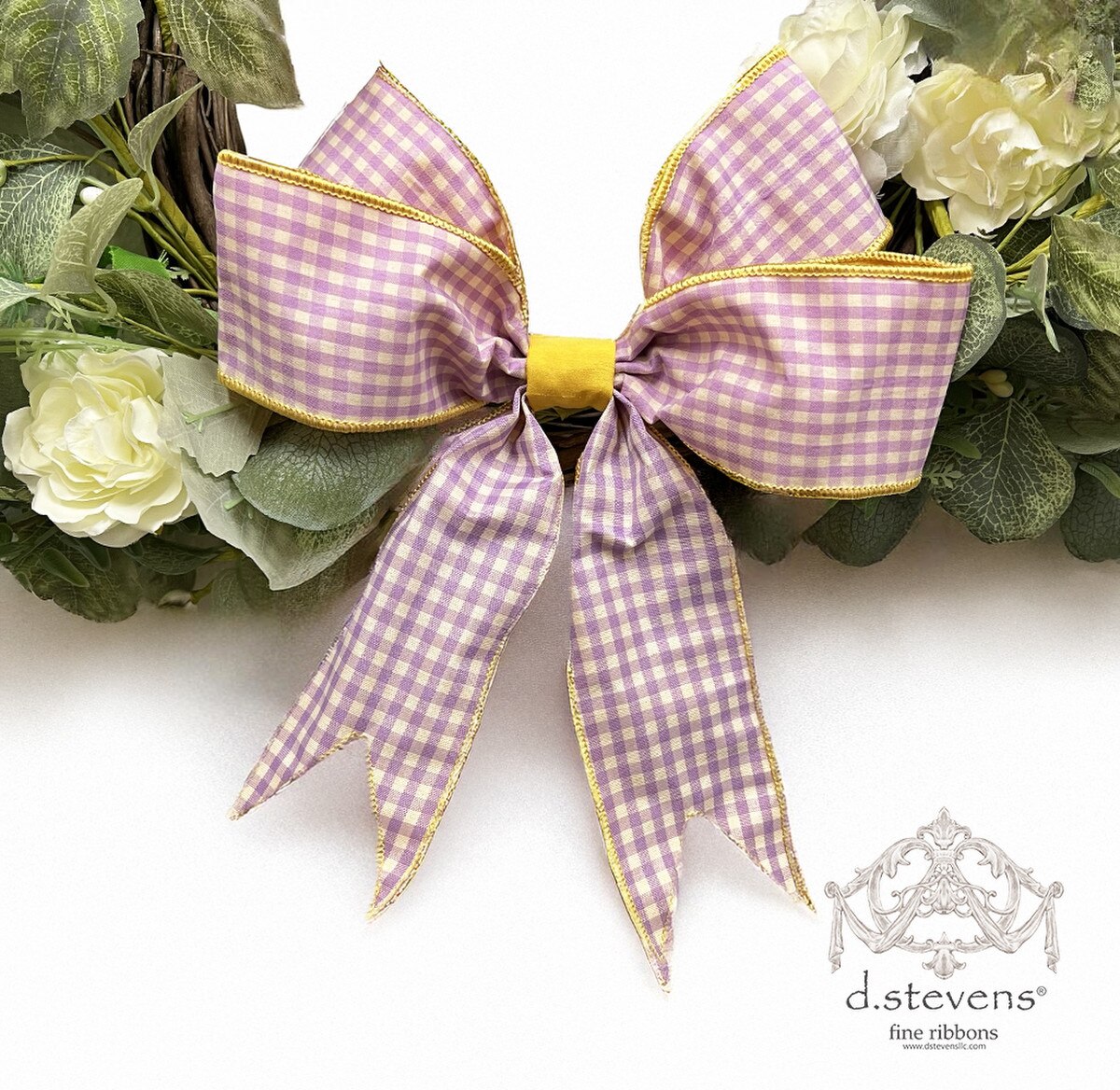 Gingham Check Bow with Yellow Accents and Lavender Ribbon