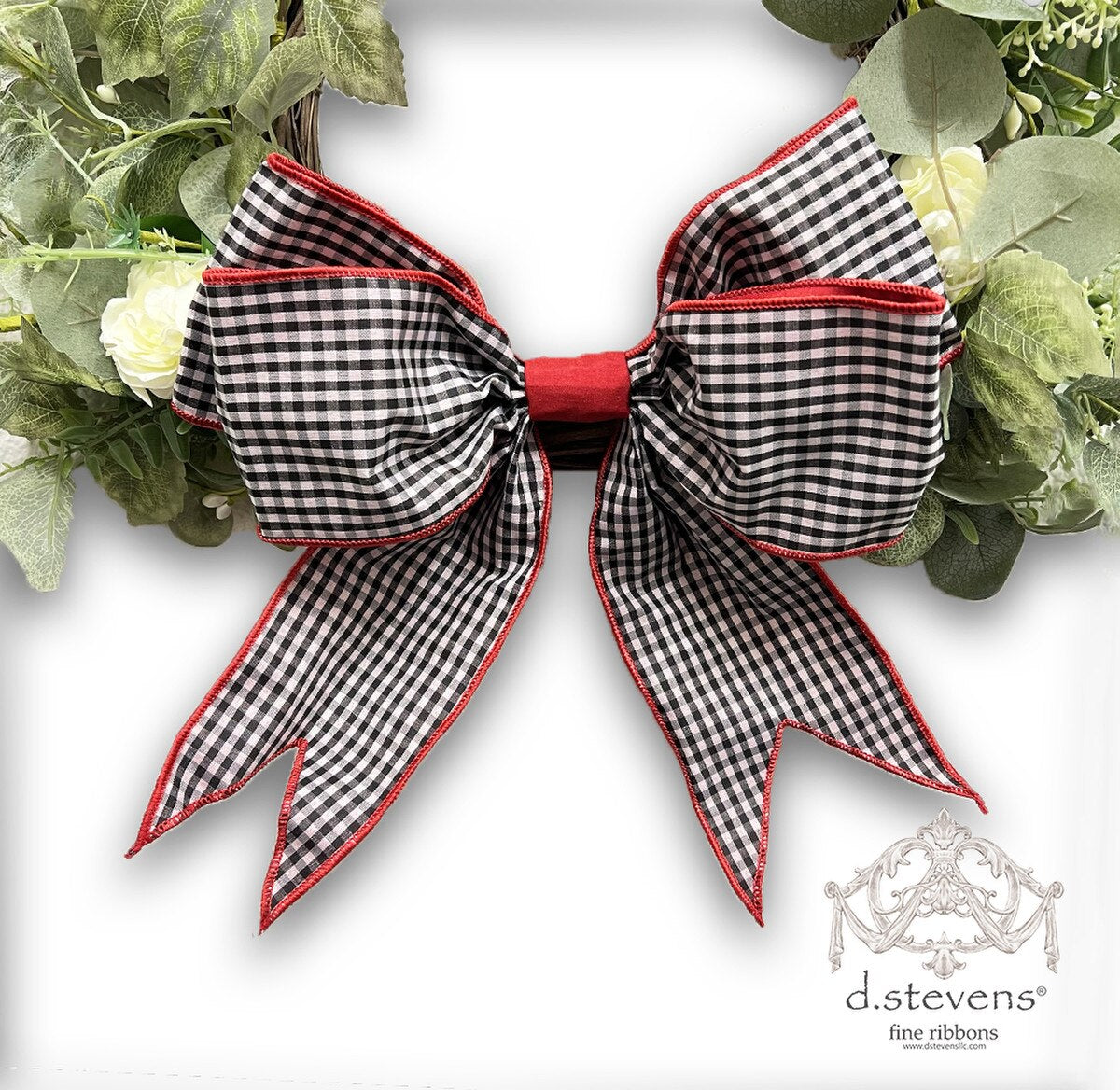 Pre-Made Black White Ribbon Bow with Gingham Red Accents