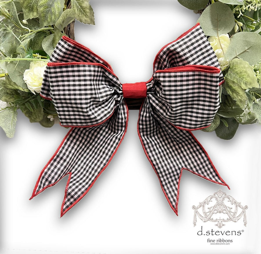 Pre-Made Black White Ribbon Bow With Gingham Red Accents
