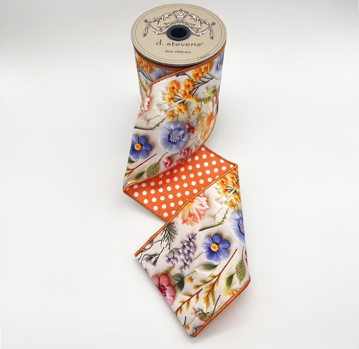 Poplin Flower Collage Polka Dot Ribbon Orange Pink Blue 4" x 10 Yds