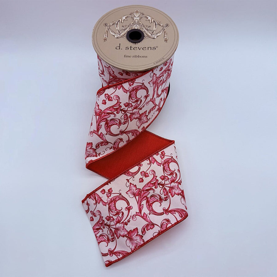 Chinoiserie Red White Taffeta Acanthus Scroll Ribbon 4" X 10 Yds