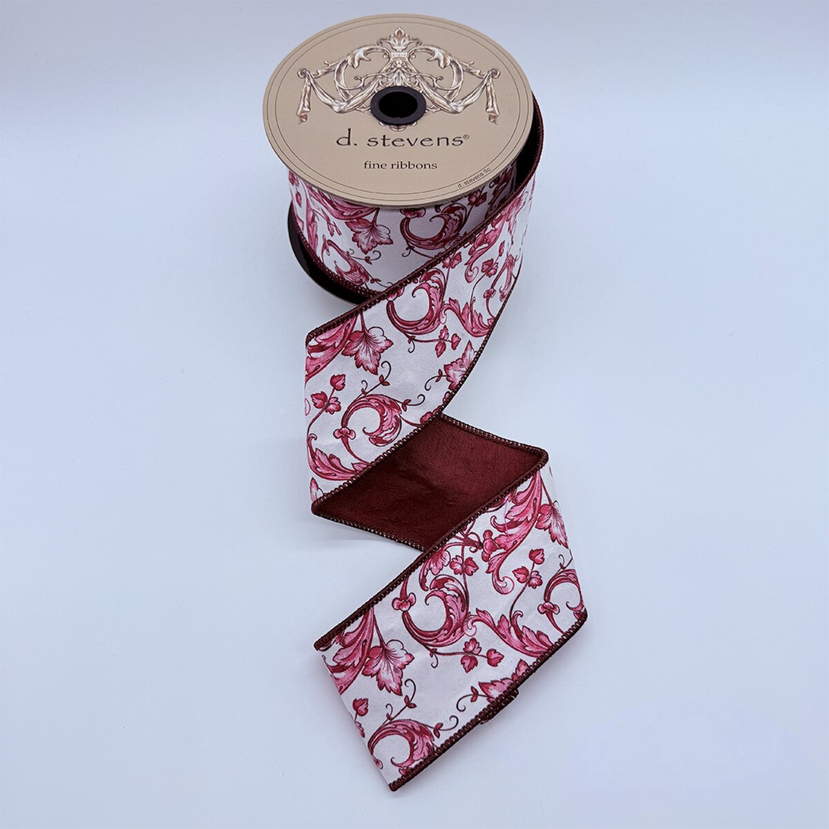 Burgundy White Taffeta Acanthus Scroll Ribbon 2.5" x 10 Yds
