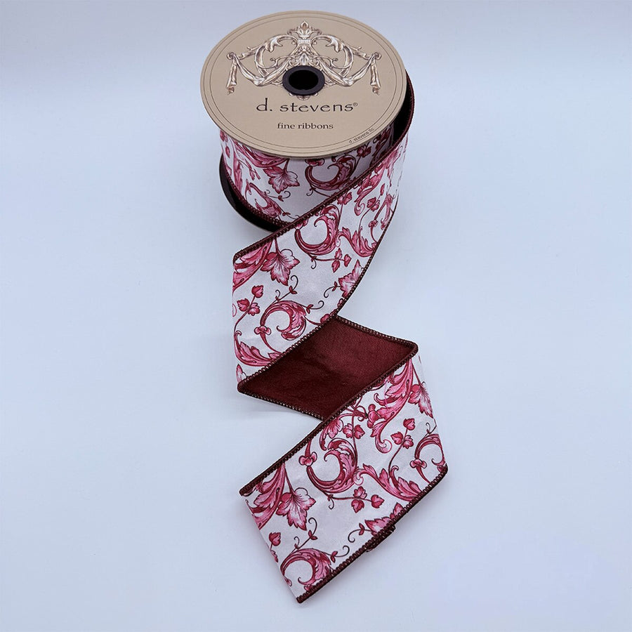 Burgundy White Taffeta Acanthus Scroll Ribbon 2.5" x 10 Yds