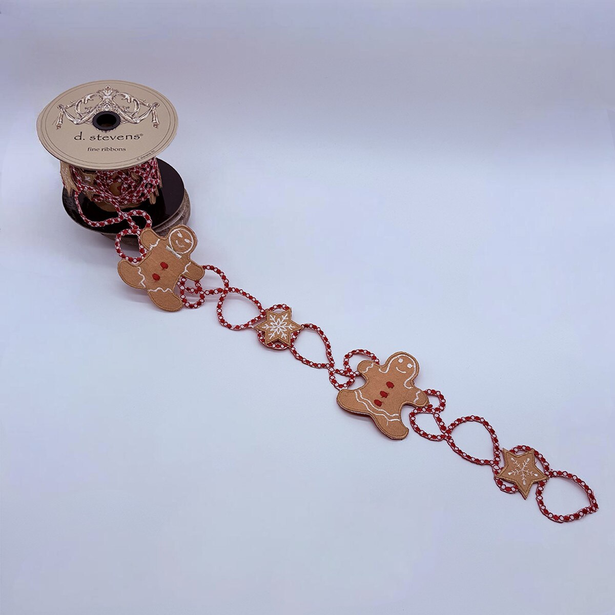 Gingerbread Garland Red White Felt Embroidery 3" x 3 Yds