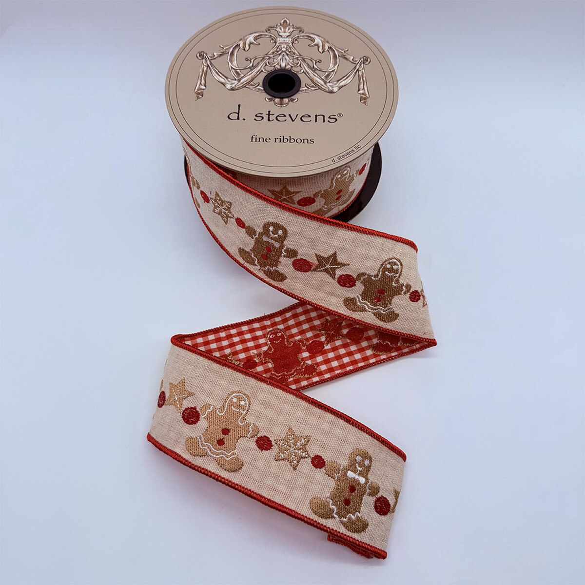 Gingerbread Check Linen Ribbon Natural Red White 2.5" x 10 Yds