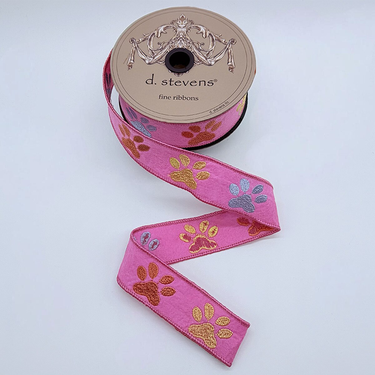Colorful Dog Paw Felt Embroidery Pink Ribbon 1.5" x 10 Yds