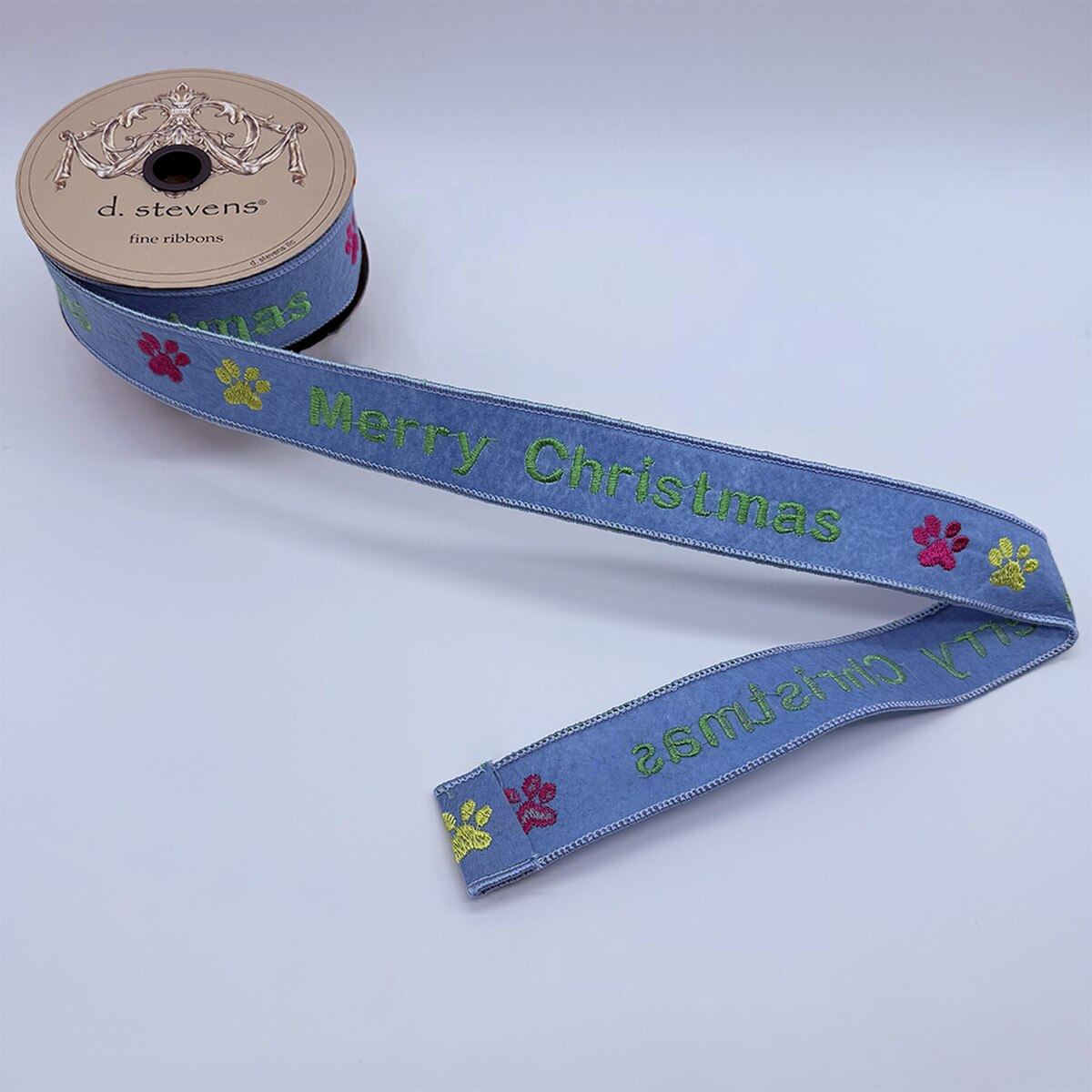 Merry Christmas Dog Paw Felt Embroidery Blue Ribbon 1.5" x 10 Yds