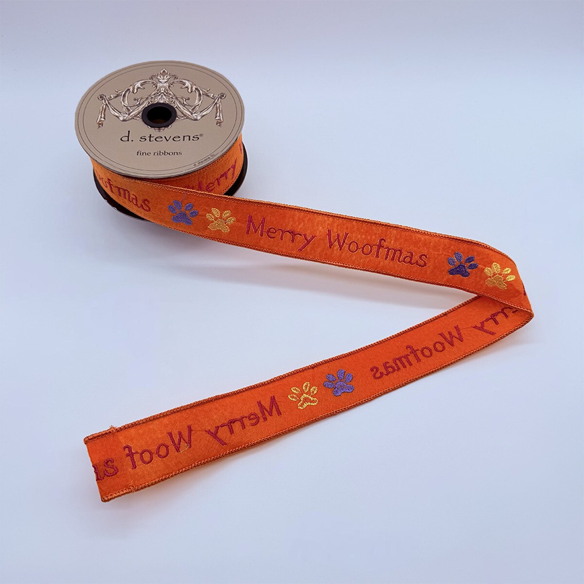 Merry Woofmas Dog Print Felt Embroidery Orange Ribbon 1.5" x 10 Yds