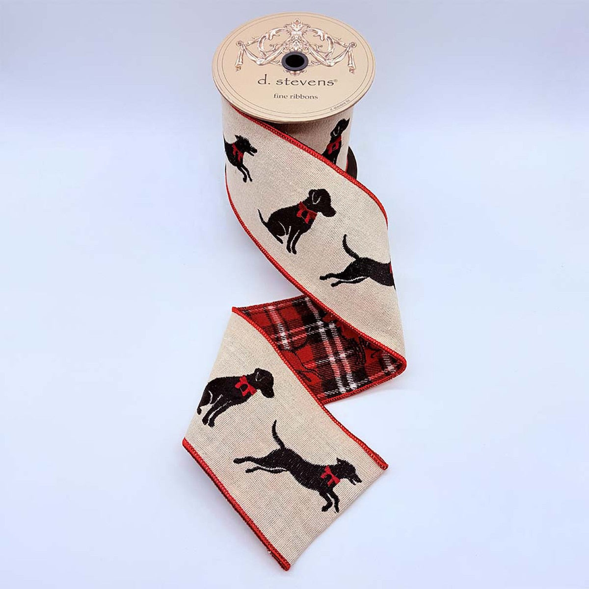 Black Lab Linen Embroidery Ribbon with Red Bow, 4" x 5 Yds