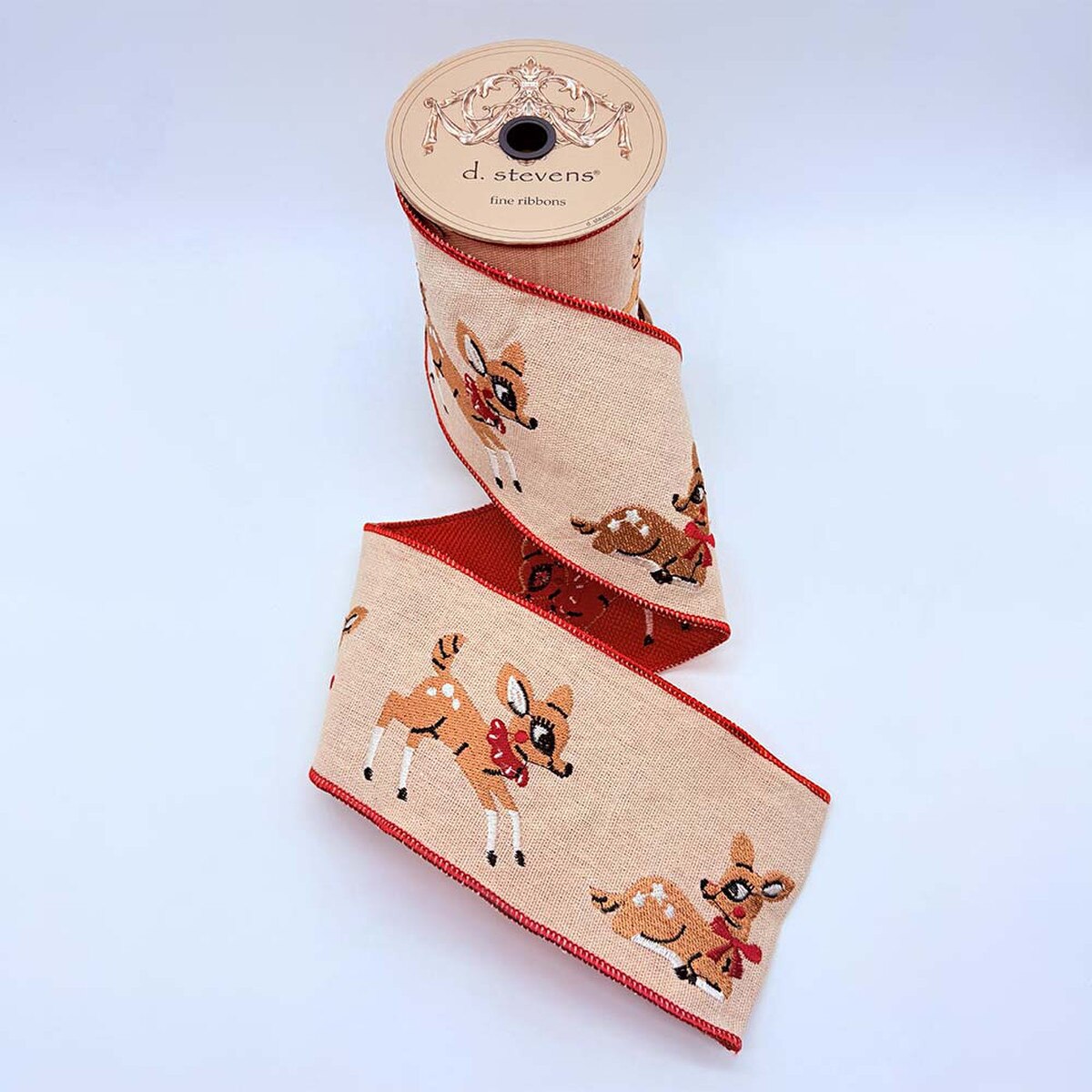Fawn Natural Linen Embroidery Red Ribbon 4" x 5 Yds