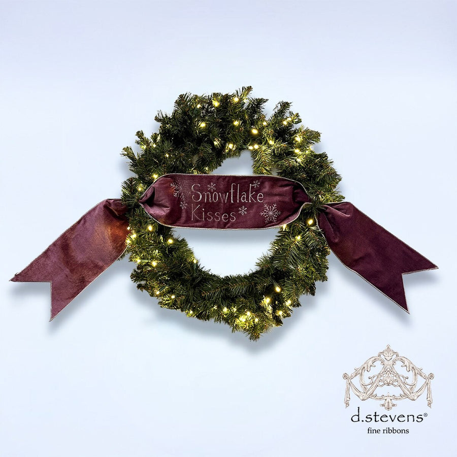 Snowflake Kissed Banner with Purple Ribbon and Silver Embroidery