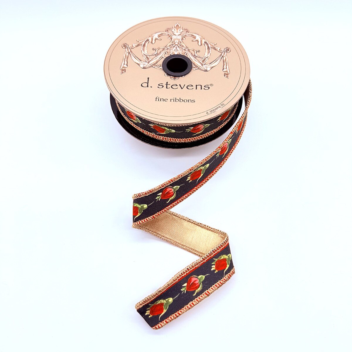 Rosebud Gold Back Red Black Taffeta Ribbon 1" x 10 Yds