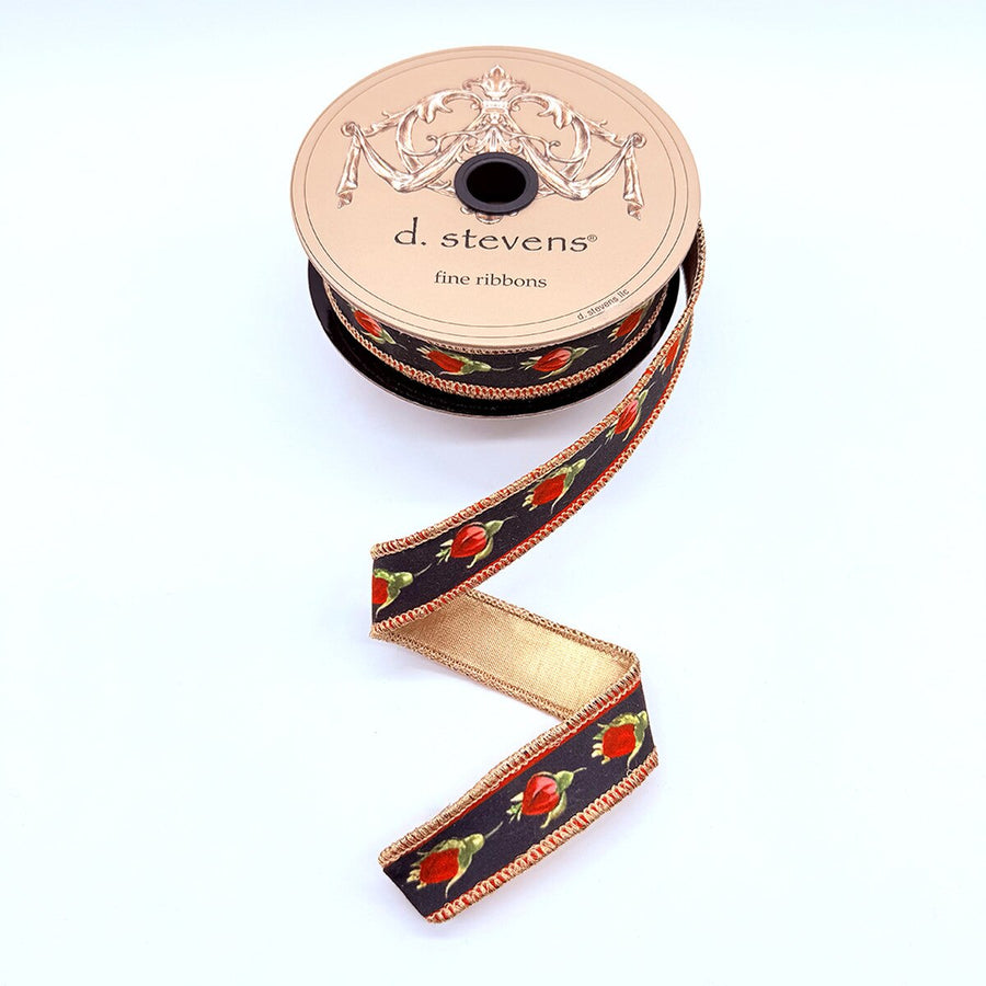 Rosebud Gold Back Red Black Taffeta Ribbon 1" x 10 Yds