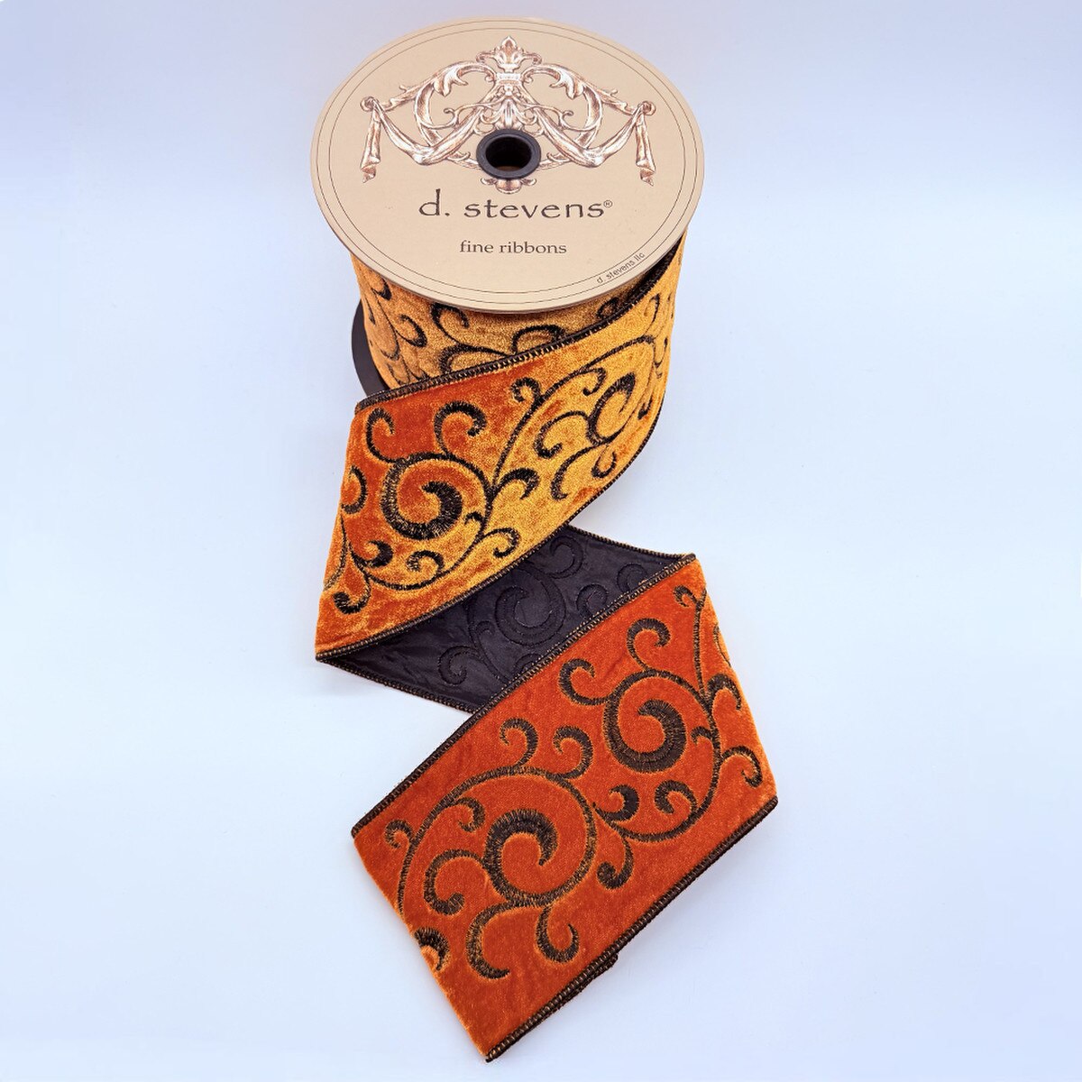 Orange Ribbon Velvet Black Swirls 4 Inch x 5 Yards